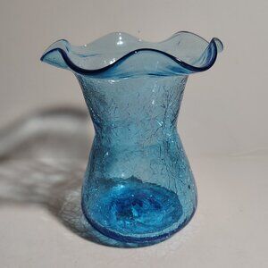 Vintage Rainbow Studio Art Crackle Glass Blue Vase Scalloped Ruffled Rim MCM